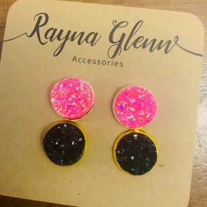 Barbie Pink / Black Druzy Studs